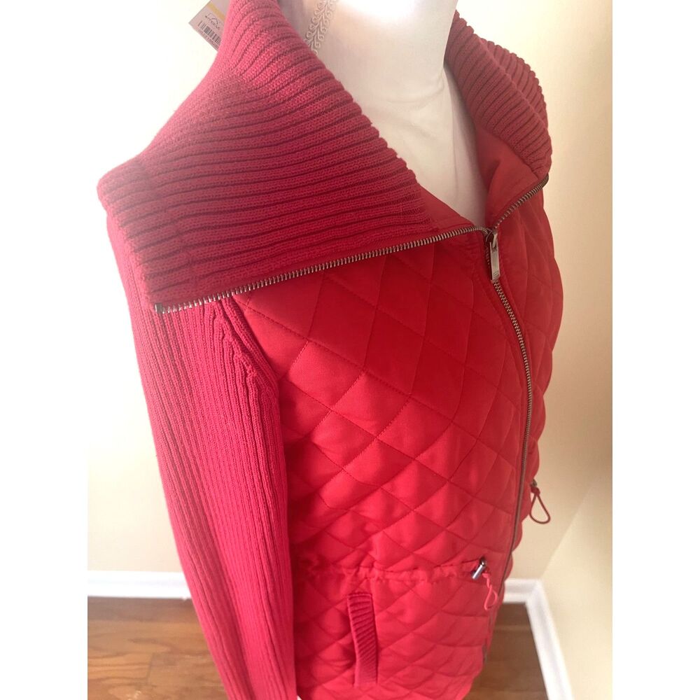 Red Quilted Knit Jacket M Zip Front Lightweight Fall Minimalist Classic NWT - Picture 2 of 15